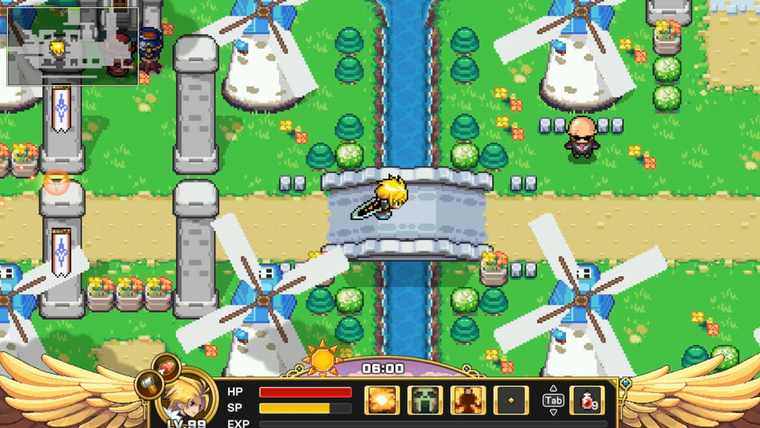 Regret standing on a bridge between windmills in the town of Adonis, HUD showing 08:00