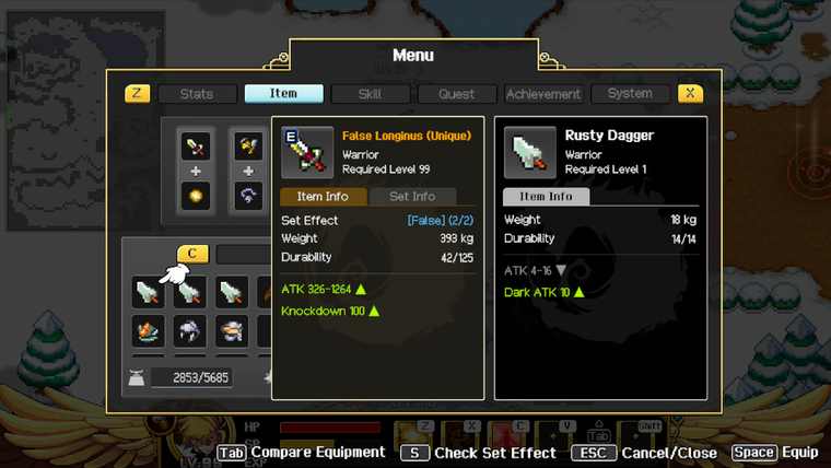 The Steam version's item menu comparing a Unique weapon with a Rusty Dagger, showing weight, durability and attack deltas