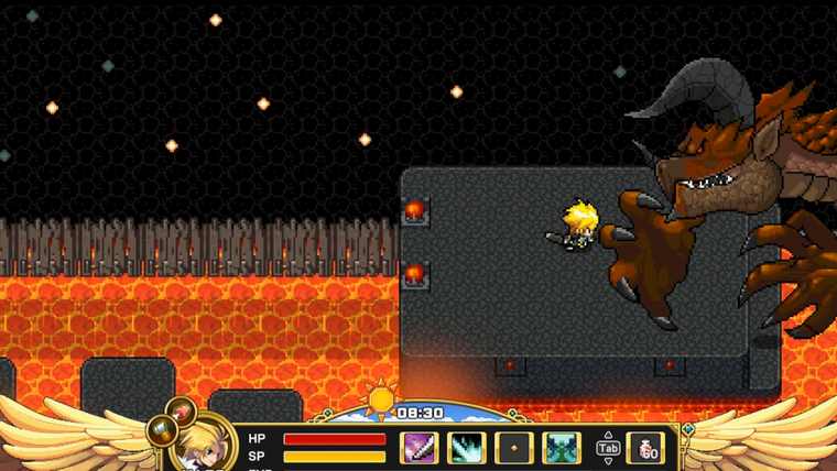 Regret facing a huge horned dragon boss on a stone platform surrounded by lava